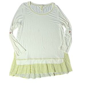 Matilda Jane Women's Top M Medium Cream Green Striped Long Sleeve Ruffle Hem‎